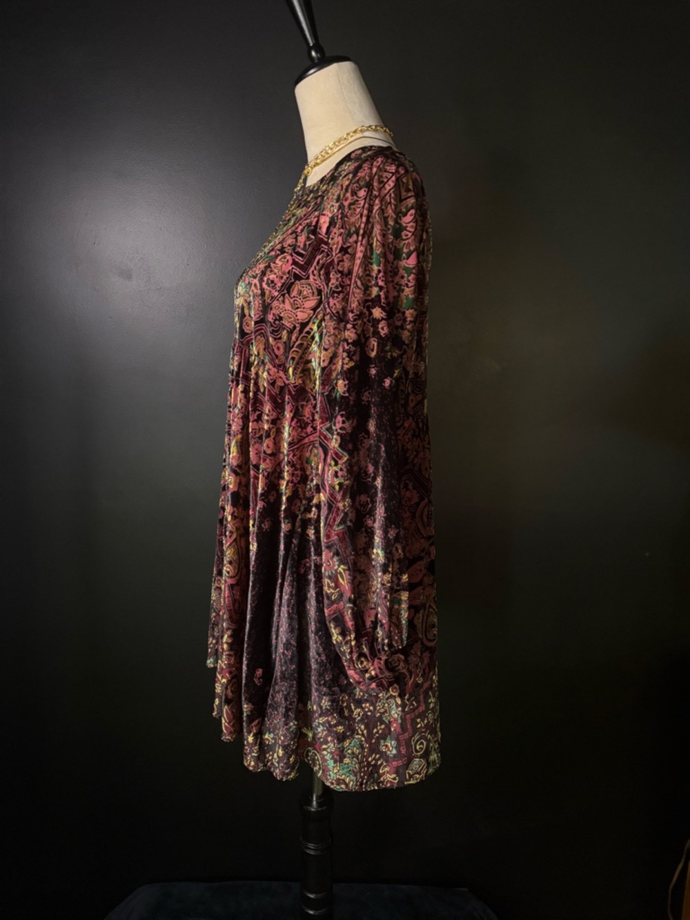 Free People Velvet Paisley Mini Dress in Burgundy Plum - Picture 3 of 4